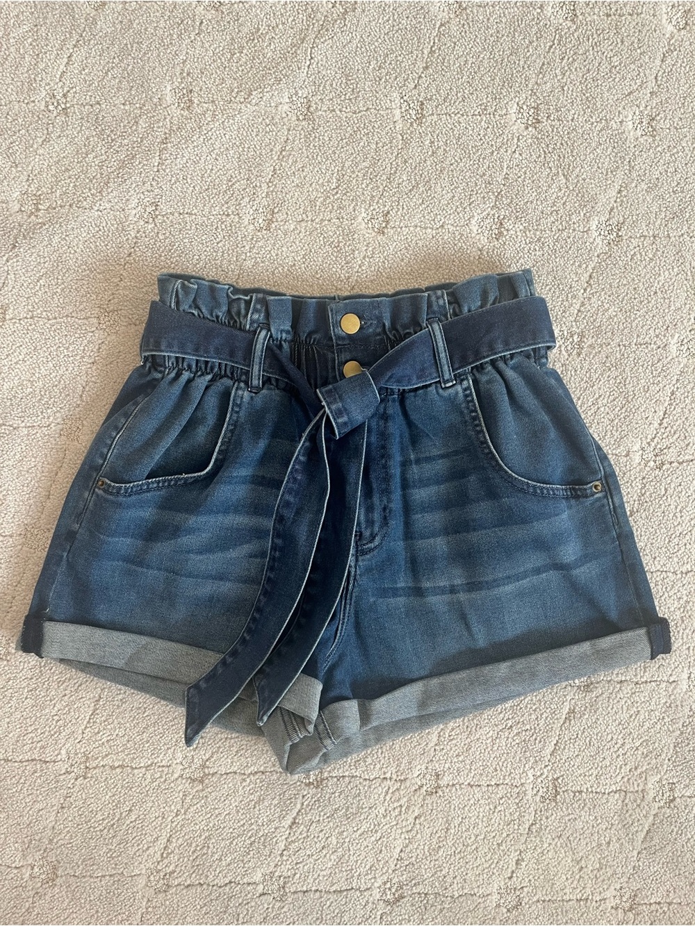 Aqua Dark Blue Denim Paperbag Waist Shorts with Tie Belt